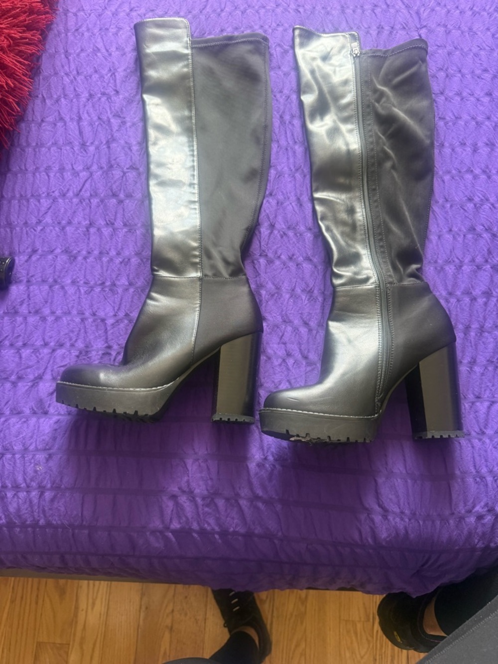 Women's Black High Heel Knee Booties with Lug Sole